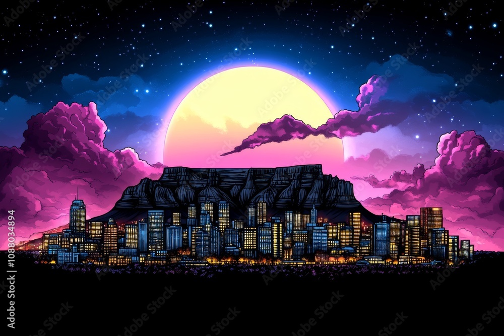 Poster a pixel art depiction of cape townâ€™s skyline with table mountain in the background, vibrant with r