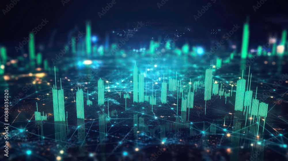 Poster abstract glowing green city skyline with lines and dots, representing data and network.
