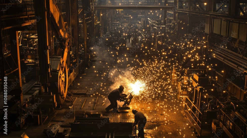 Poster in a large industrial workshop, workers are welding, creating bright sparks that illuminate the surr