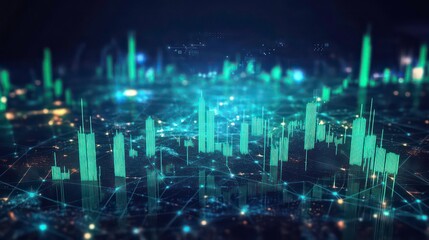 Abstract glowing green city skyline with lines and dots, representing data and network.