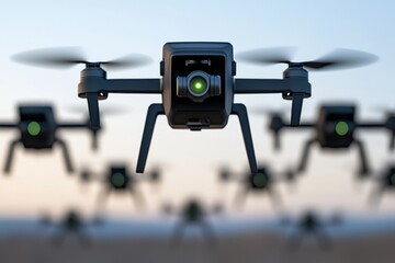 A realistic image of drones flying in formation during an aerospace demonstration
