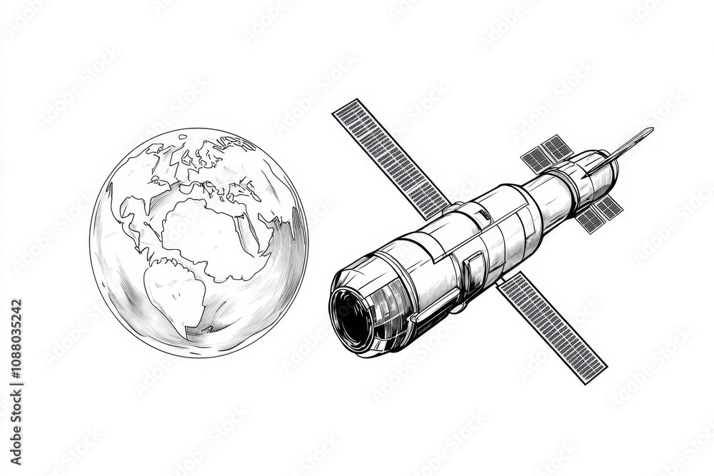 Poster a simple 2d drawing of a satellite and earth, with clean lines and minimal shading