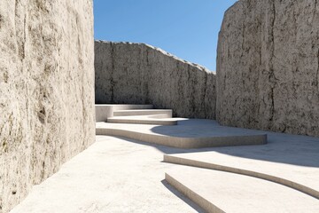 A side perspective of curved architectural walls meeting angular concrete paths