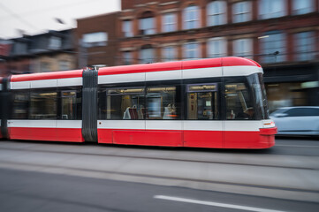Red and white streetcar motion blur