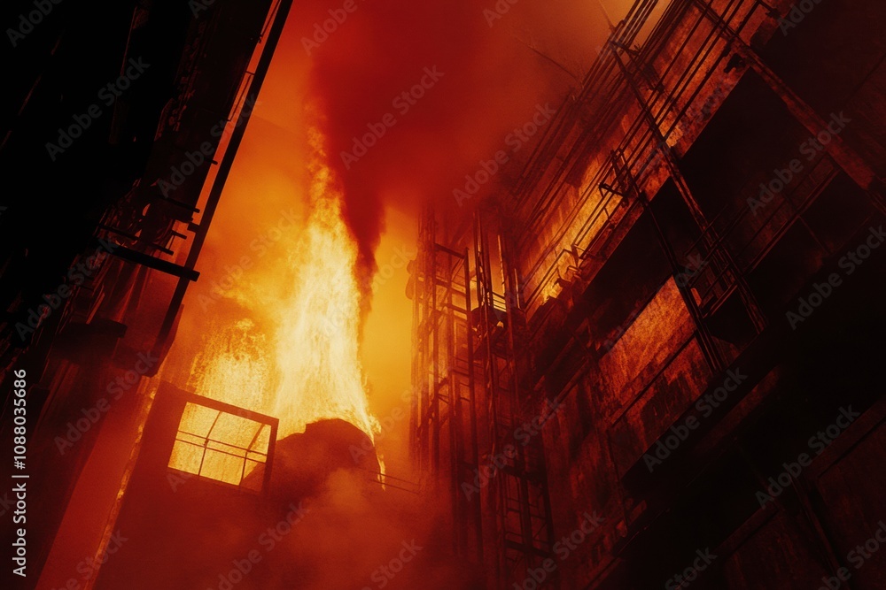 Aufkleber Fire erupts from an industrial furnace, illuminating the factory with molten steel and creating an intense and captivating glow. Generative AI