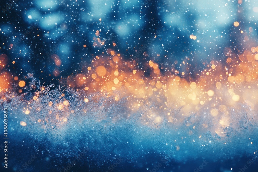 Poster abstract winter background with bokeh lights and frost on a blue and orange gradient.
