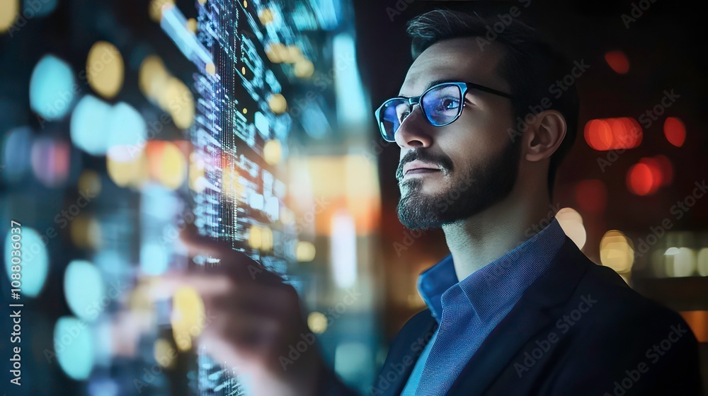 Aufkleber a young man in glasses stands in front of a large digital screen, interacting with data and informat
