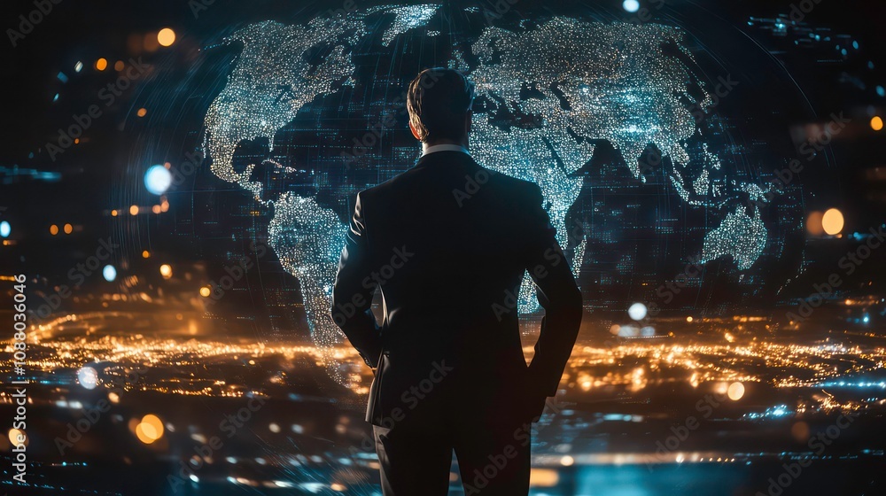 Poster a savvy businessman navigates the intricacies of global networking, seamlessly integrating access ma