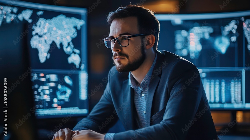 Poster a focused businessman sits in front of multiple computer monitors displaying data and a world map in