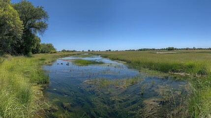 Calm river flowing through lush green meadow under clear blue sky.
