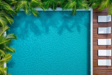 A top-down view of a luxury resort pool surrounded by palm trees and lounge chairs