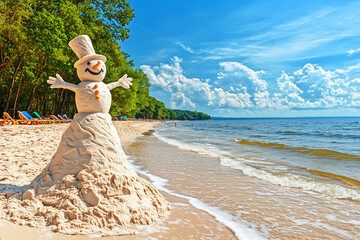 Snowman made out of sand on the beach for a tropical Christmas vacation