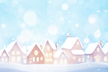 Cozy winter village with snow-covered rooftops and glowing lights against a dreamy blue sky, Christmas background with copy space 
