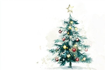 Fototapeta premium Delicate minimalist watercolor illustration of a glowing Christmas tree adorned with ornaments and a star topper, Christmas background with copy space