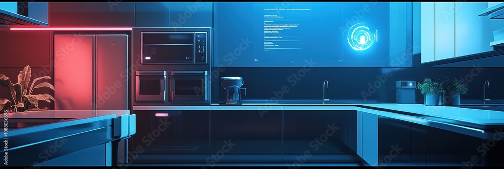 Poster A stylish kitchen displays advanced smart appliances with colorful lighting, creating a futuristic and inviting atmosphere. Generative AI