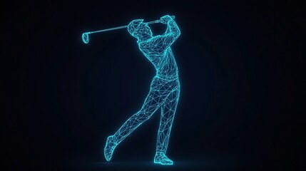 Glowing Geometric Golfer Mid Swing in Transparent Digital Backdrop
