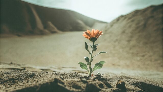 Resilient orange flower blooming in desert landscape symbolizing survival and perseverance