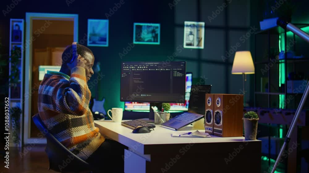 Poster black programmer remotely working in home office writing code on computer at his desk. programming e