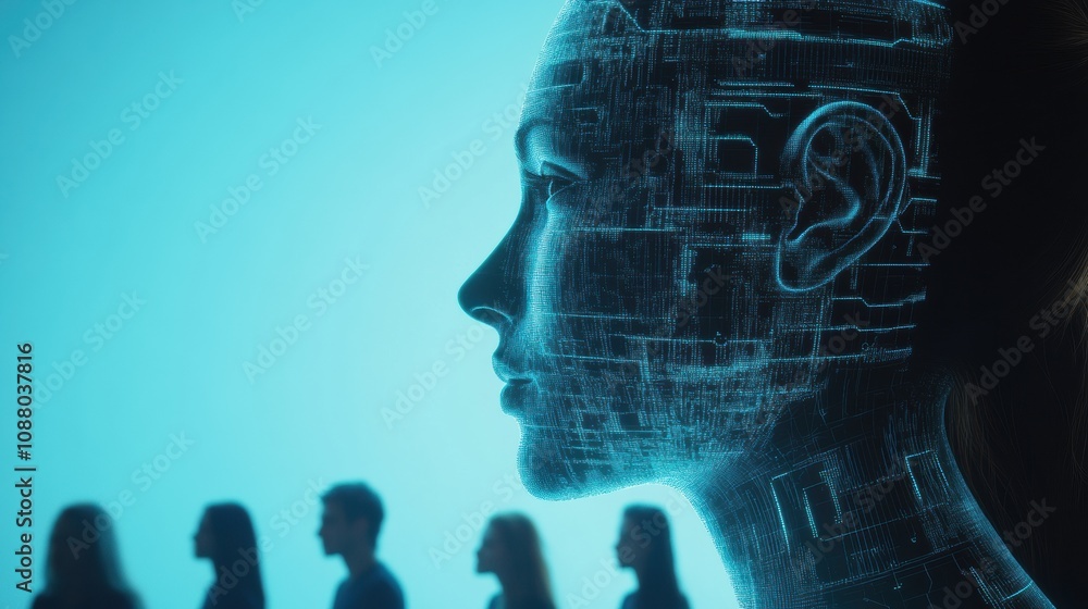 Leinwandbilder A group of people observes an abstract representation of artificial intelligence, highlighting the fusion of technology and humanity. Generative AI