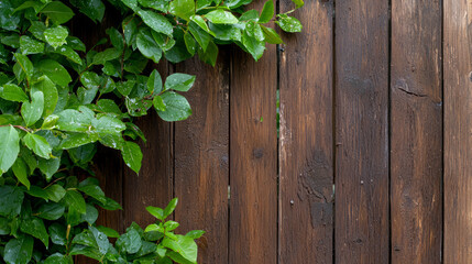 rustic wooden fence adorned with lush green leaves, creating natural and serene atmosphere. vibrant foliage contrasts beautifully with rich brown wood