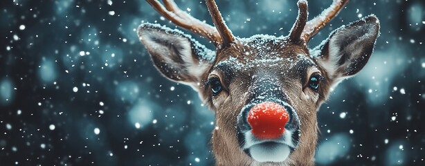  Close up of a cute little reindeer with a red nose and snowflakes.