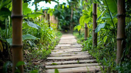 serene pathway made of bamboo leads through lush garden filled with vibrant green plants, creating peaceful and sustainable environment