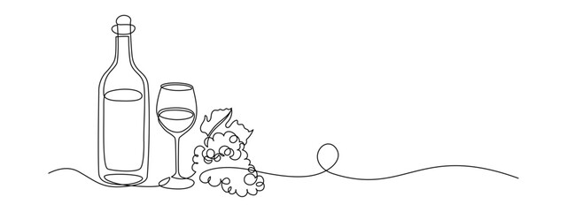 Glass and bottle of wine in one continuous line drawing. Minimalist holiday concept of celebrate toast and cheering drink in simple linear style. Editable stroke. Doodle oneline Vector illustration