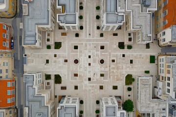 An abstract overhead view of interconnected glass buildings forming complex geometric patterns