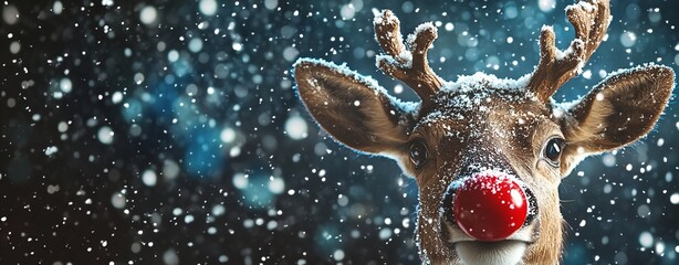  Close up of a cute little reindeer with a red nose and snowflakes.