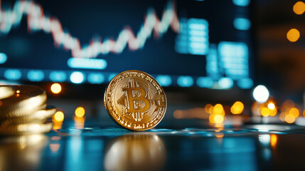 Close up of shiny Bitcoin coin on table with blurred stock market background. image captures essence of cryptocurrency and financial investment