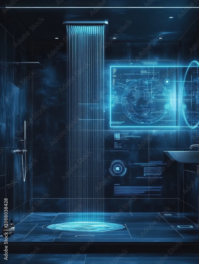Aufkleber this modern bathroom showcases an advanced shower system with a touch panel, providing tailored temp