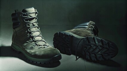Rugged outdoor hiking boots on a dark background - durable footwear for adventure enthusiasts