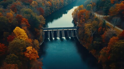 Fototapeta premium A picturesque aerial view of a dam surrounded by vibrant autumn trees; the serene waters and cascading spillway create a peaceful, natural retreat.