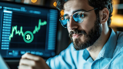 Excited young investor analyzing Bitcoin trends on digital screen, showcasing financial growth and technology
