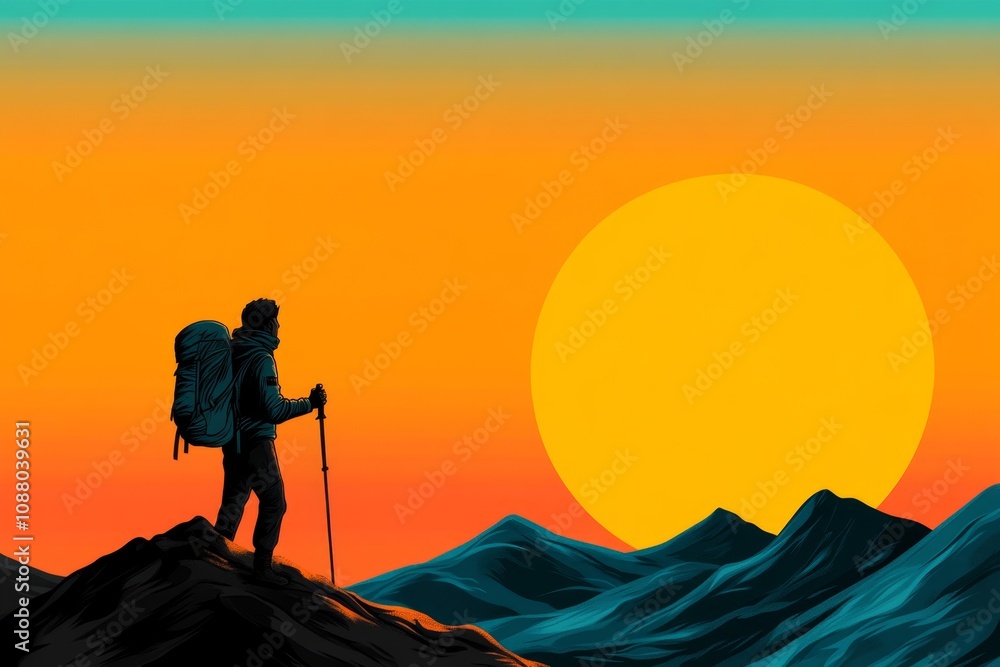 Poster pixel art of an adventurer climbing a mountain in a retro video game style, with bright pixelated la