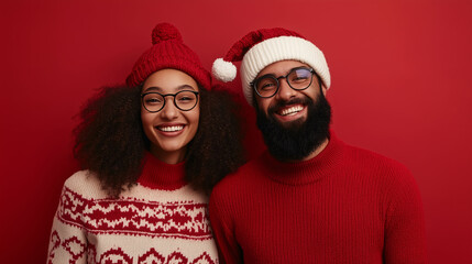 Fototapeta premium Portrait of a multicultural couple wearing Santa hats and wool sweaters, smiling at the camera against a red background with space for text. Christmas, togetherness, culture, and tradition 