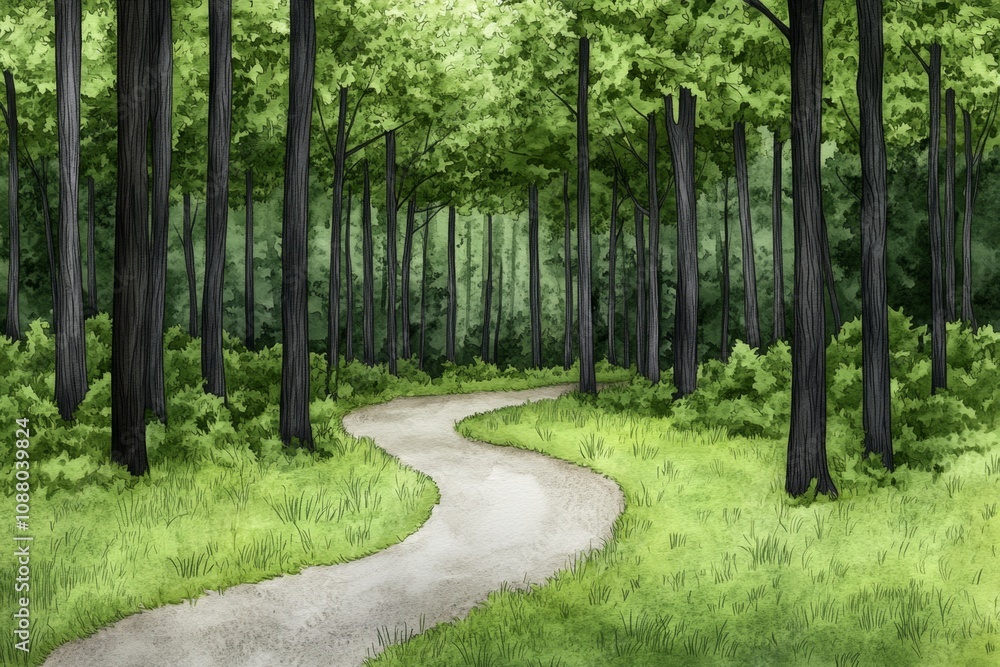 Poster watercolor of a forest trail with sunlight streaming through the trees, creating a magical and adven