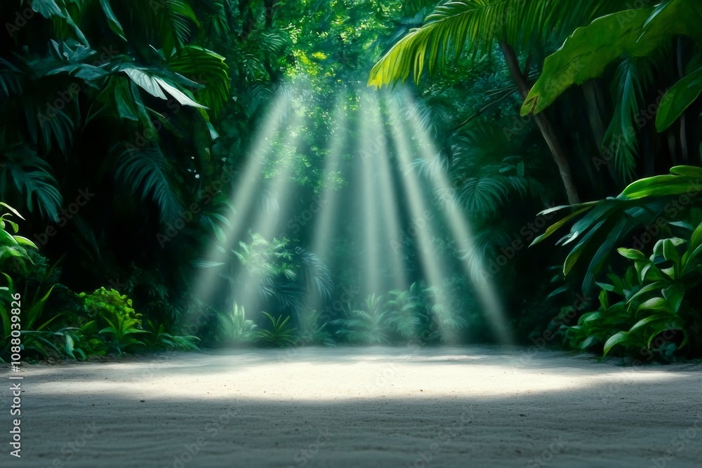 Poster watercolor of a forest trail with sunlight streaming through the trees, creating a magical and adven