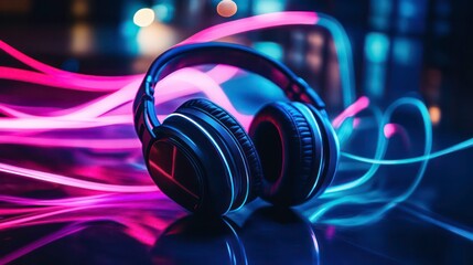 Black headphones with neon light trails in the background.