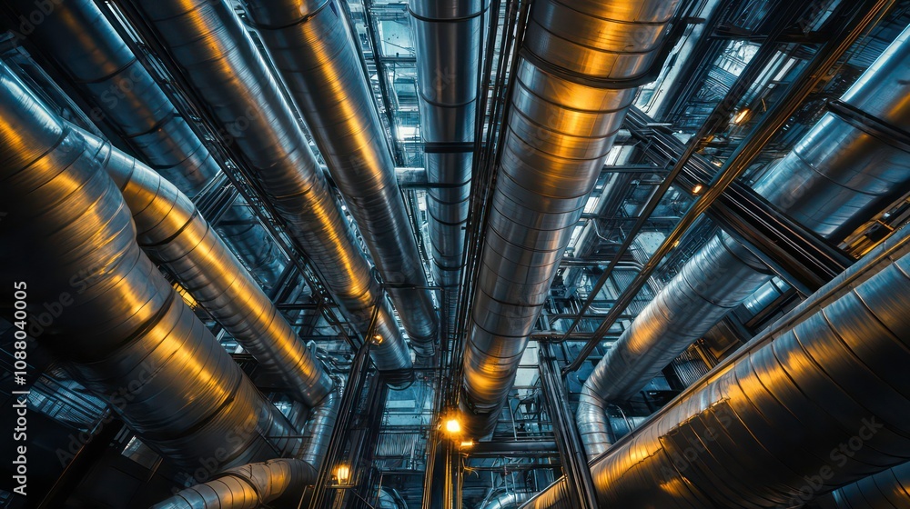 Aufkleber a low angle view looking up at an intricate network of industrial pipes and structures.