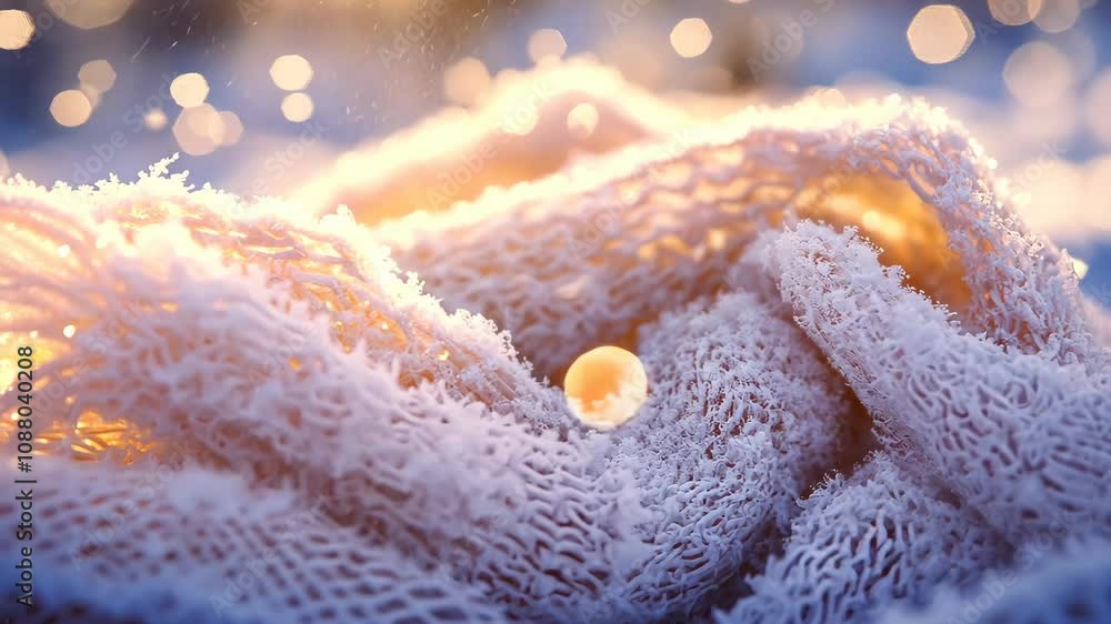 Poster a knitted white scarf with a snowflake pattern. the scarf is knitted in a way that it looks like it'