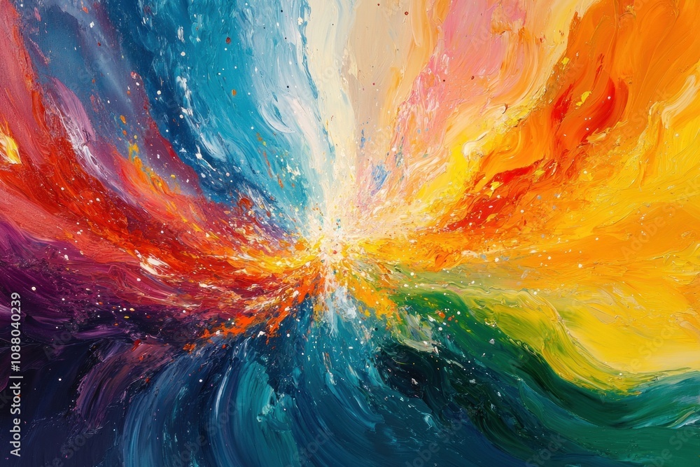 Poster abstract colorful painting with bright colors and swirls in a radial pattern.