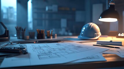 A hardhat rests on a desk with blueprints and drafting tools in a dimly lit office.