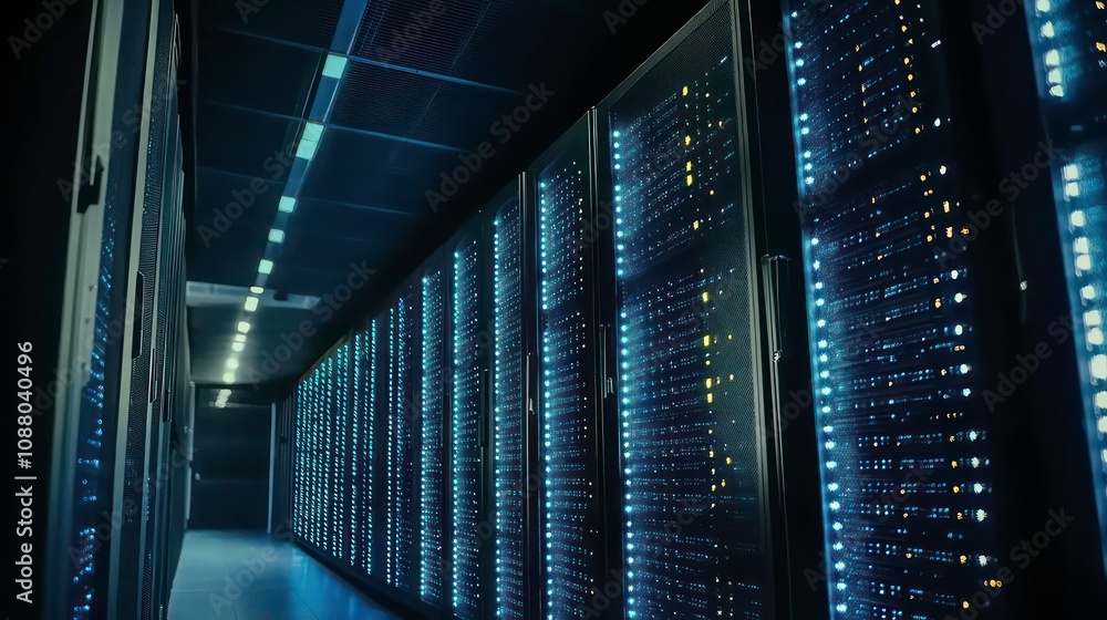 Poster a neat row of server racks in a dimly-lit data center, conveying the precision and orderliness of a 