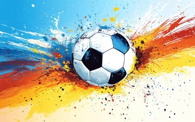 Naklejka premium Soccer ball with paint splashes on a colorful background. Sports and creativity concept.