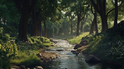 Obraz premium Scenic forest river flowing through lush green trees. Nature and relaxation concept for outdoor scenes.