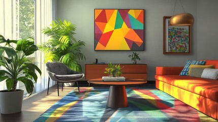 A modern living room with a colorful rug, a large abstract painting, and a comfortable sofa and armchair. The room is filled with natural light and plants.
