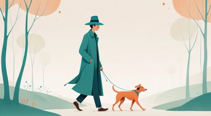 Man walking dog in minimalist pastel illustration