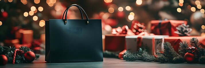 black shopping package with christmas decorations. Shopping concept. Sale and discount advertising banner, poster, flyer