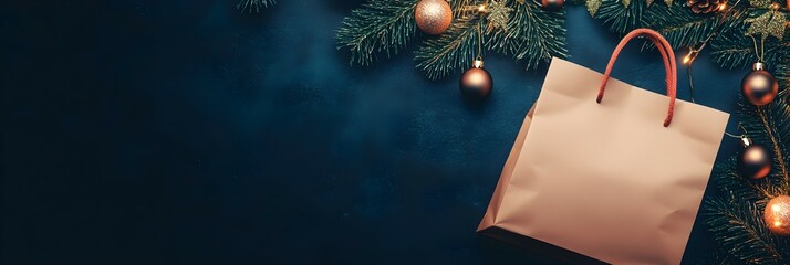 beige paper shopping bag with christmas decorations. Shopping concept. Sale and discount advertising banner, poster, flyer